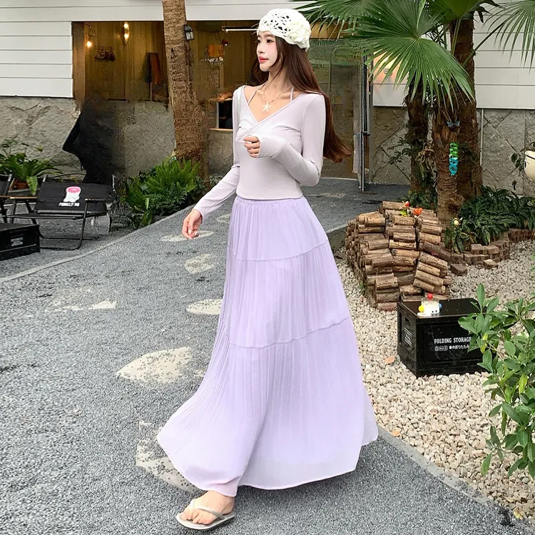 OURUOKE Casual Long Skirts Women's Purple Pleated Skirt-3