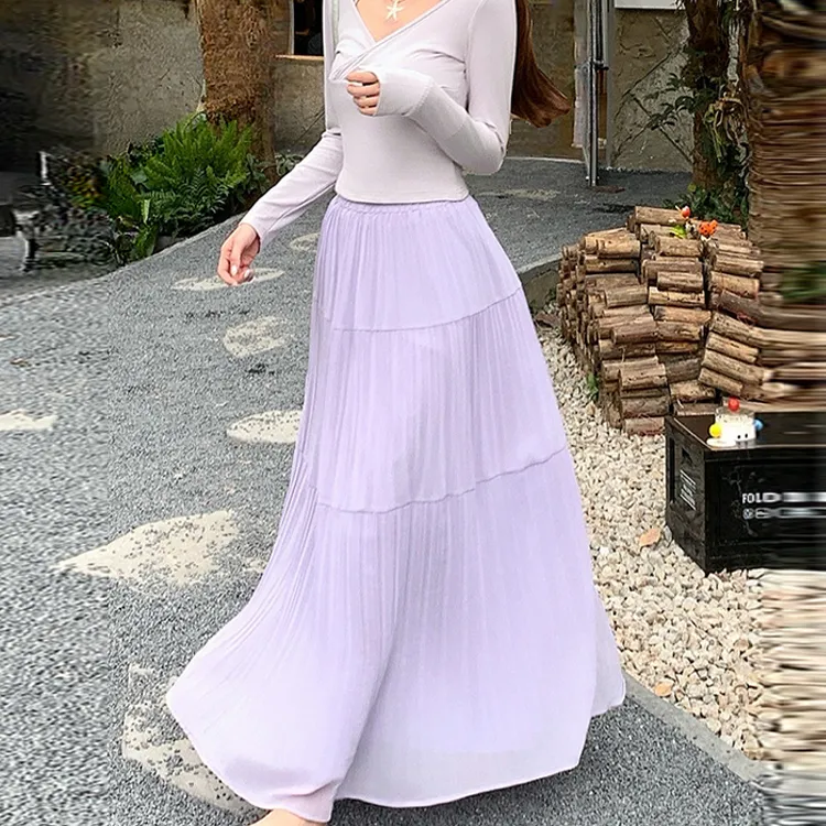 OURUOKE Casual Long Skirts Women's Purple Pleated Skirt-6