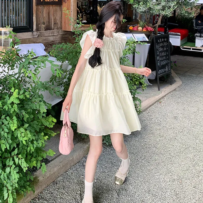 OURUOKE Short Sleeved Dress Women's Apricot-4