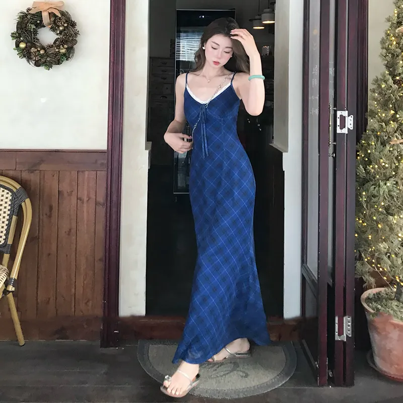 OURUOKE Slip Dresses Women's Blue Shopping Bag Included-5
