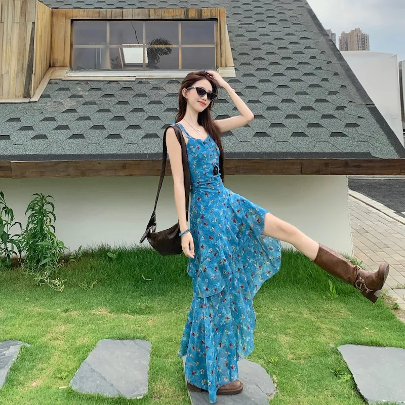 OURUOKE Slip Dresses Women's Blue Shopping Bag Included-3