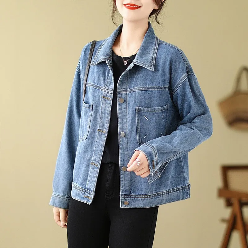 OURUOKE Denim Jacket Women's Blue Shopping Bag Included-3