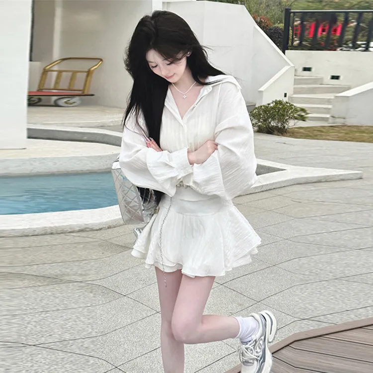 OURUOKE Long Sleeved Dresses Women's White-5