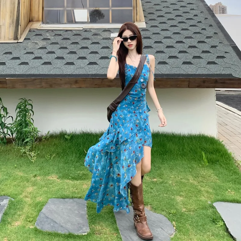 OURUOKE Slip Dresses Women's Blue Shopping Bag Included-4