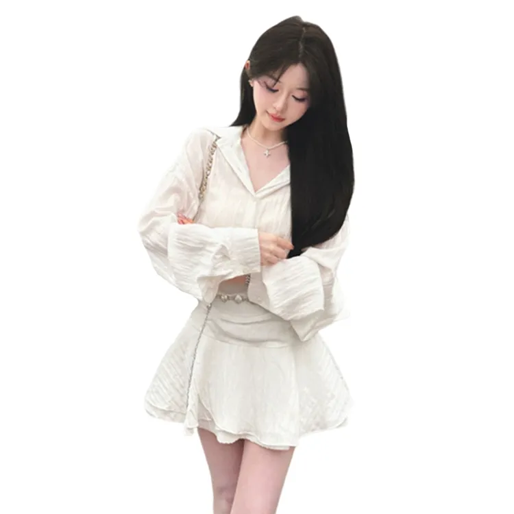 OURUOKE Long Sleeved Dresses Women's White-6