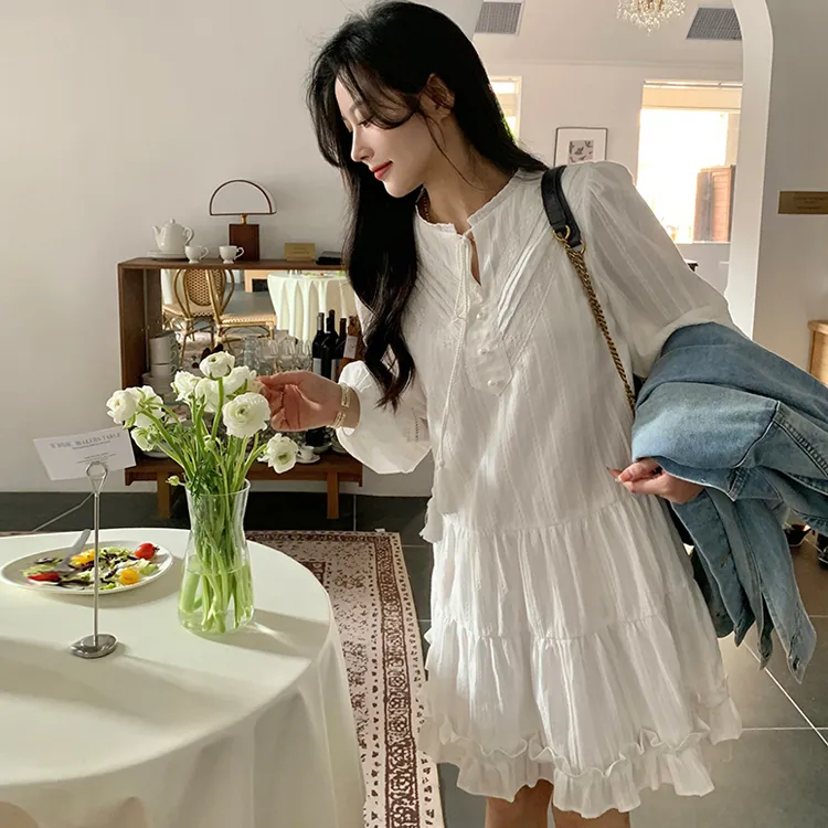 OURUOKE Long Sleeved Dresses Women's White-2