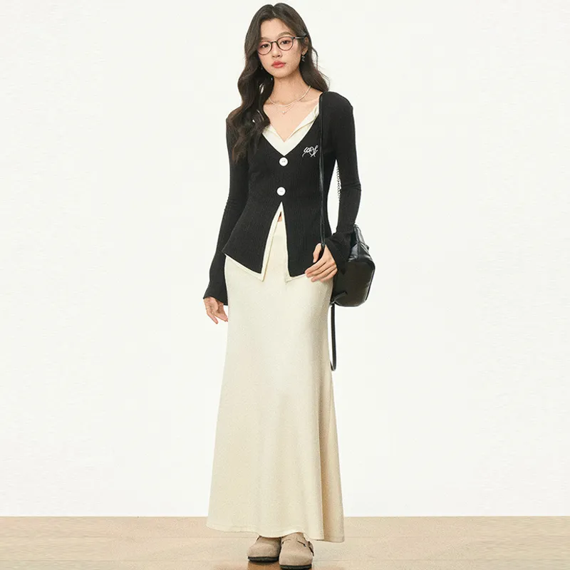 OURUOKE Casual Suit Women's Black+Apricot-2