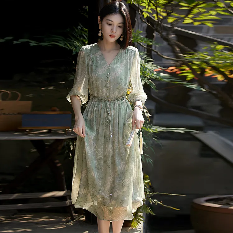 OURUOKE Long Sleeved Dresses Women's Green-3