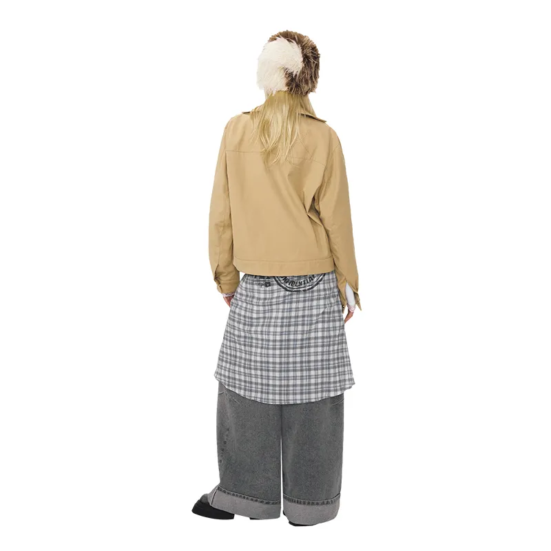 DeleteEX Casual Long Skirt Women's Gray Blue Plaid-2
