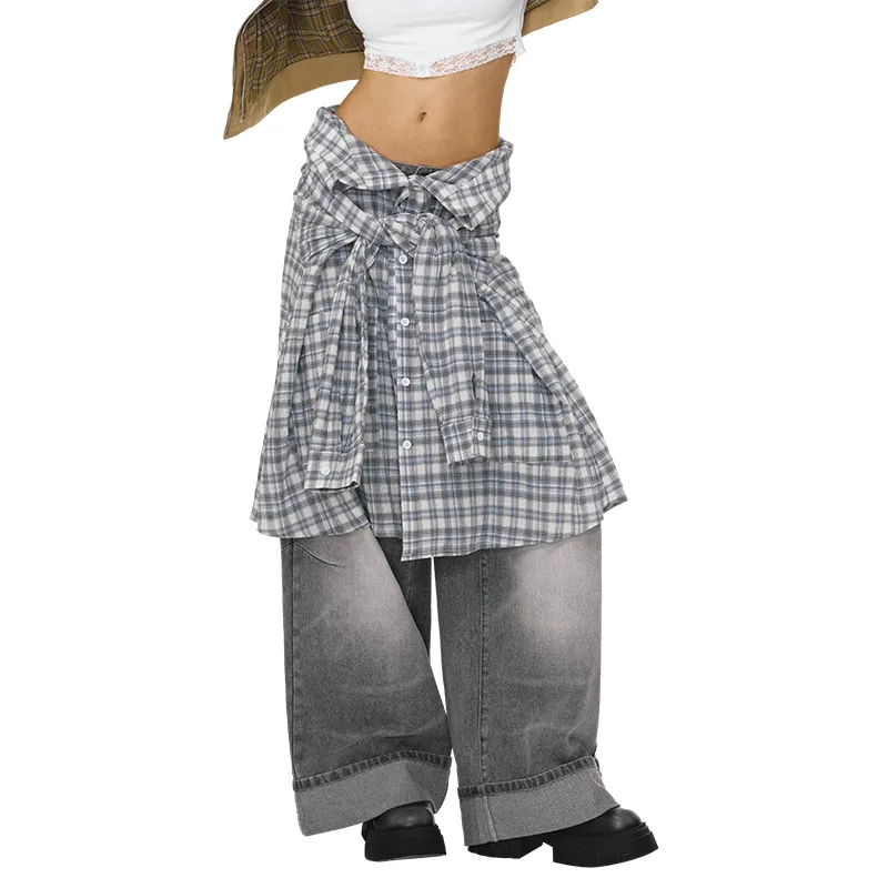 DeleteEX Casual Long Skirt Women's Gray Blue Plaid-3