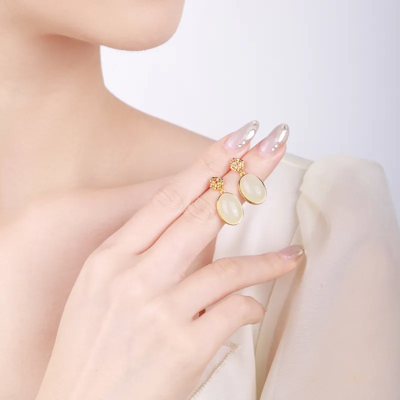 CHINA GOLD Earrings White Jade Women's-5