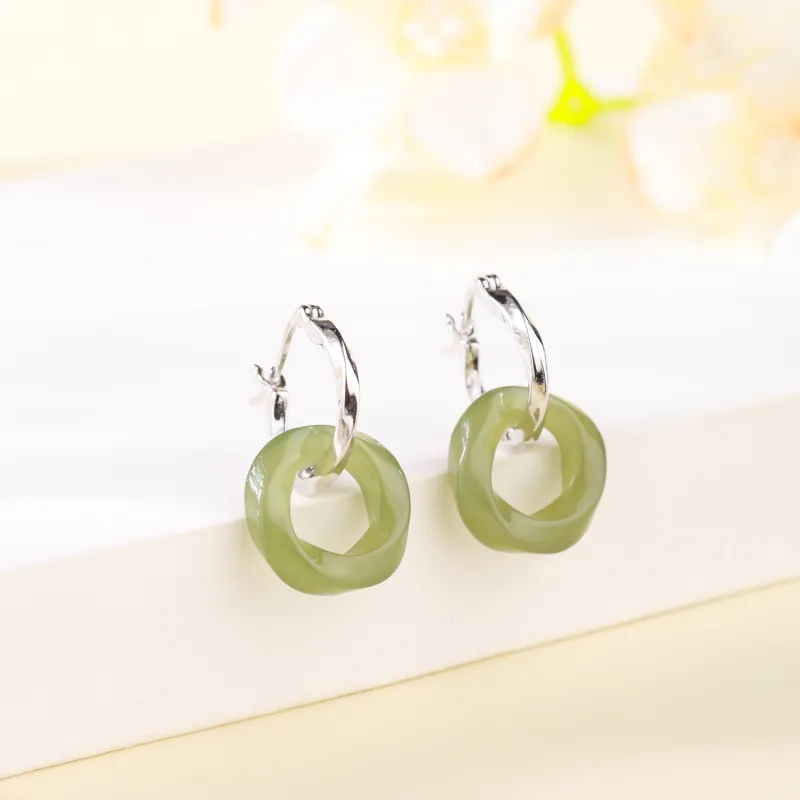 CHINA GOLD Earrings Pale Greenish White Jade Women's-2