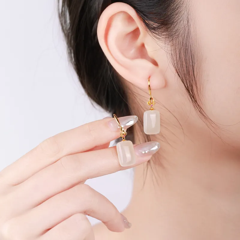 CHINA GOLD Earrings Pale Greenish White Jade Women's-5