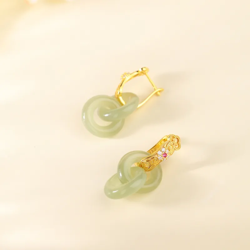 CHINA GOLD Earrings Pale Greenish White Jade Women's-3