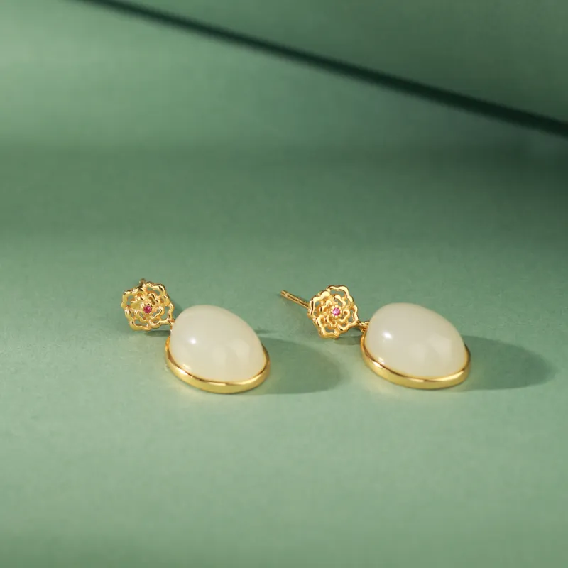 CHINA GOLD Earrings White Jade Women's-2