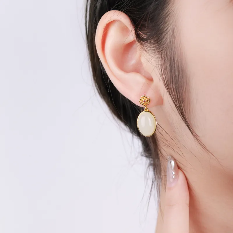 CHINA GOLD Earrings White Jade Women's-4