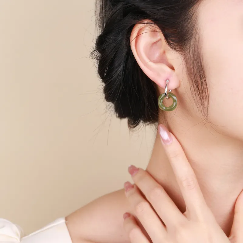 CHINA GOLD Earrings Pale Greenish White Jade Women's-5