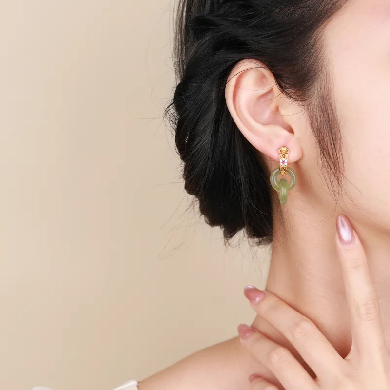 CHINA GOLD Earrings Pale Greenish White Jade Women's-5