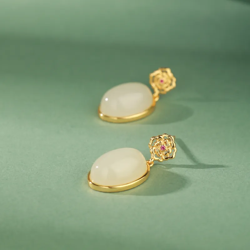 CHINA GOLD Earrings White Jade Women's-3