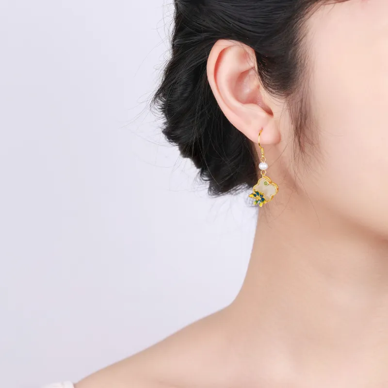 CHINA GOLD Hetian Jade Earrings Pale Greenish White Jade Women's-5