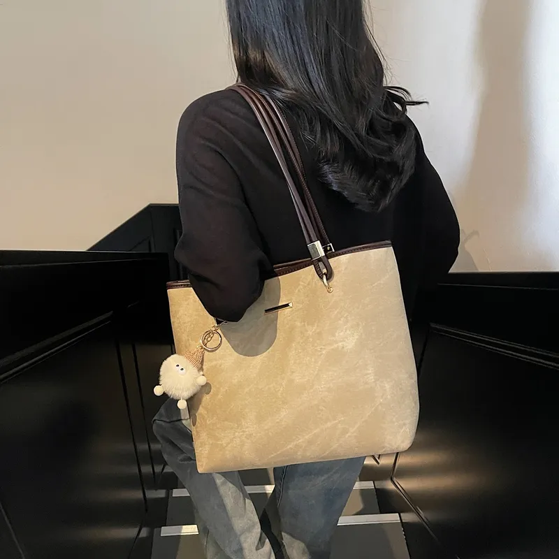 ROUNDOT PU Tote Bag Shopping Bag Shoulder Bags Women's Ecru/Black/Blue-4