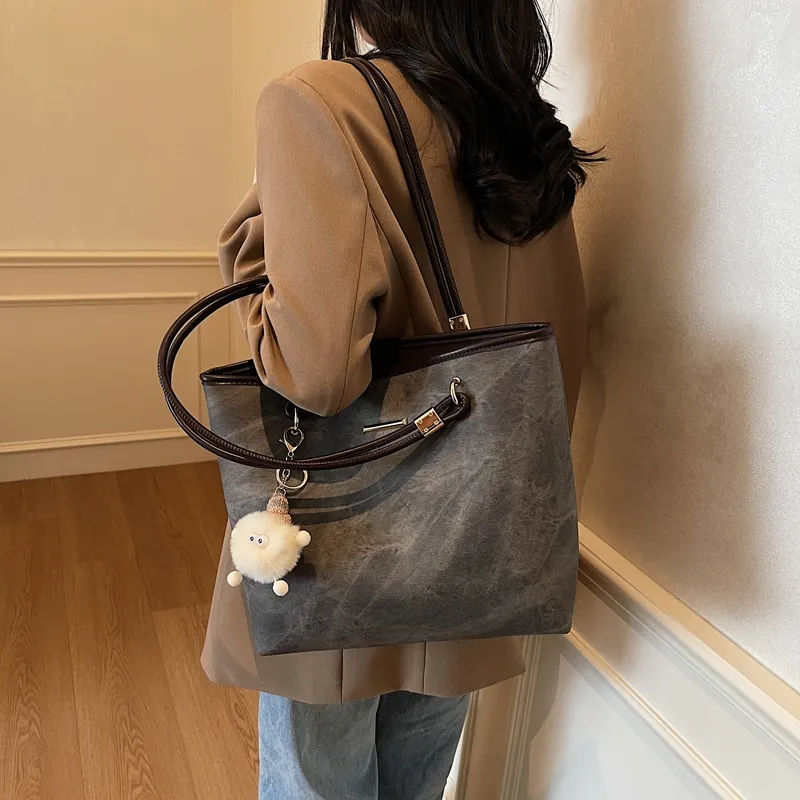 ROUNDOT PU Tote Bag Shopping Bag Shoulder Bags Women's Ecru/Black/Blue-7
