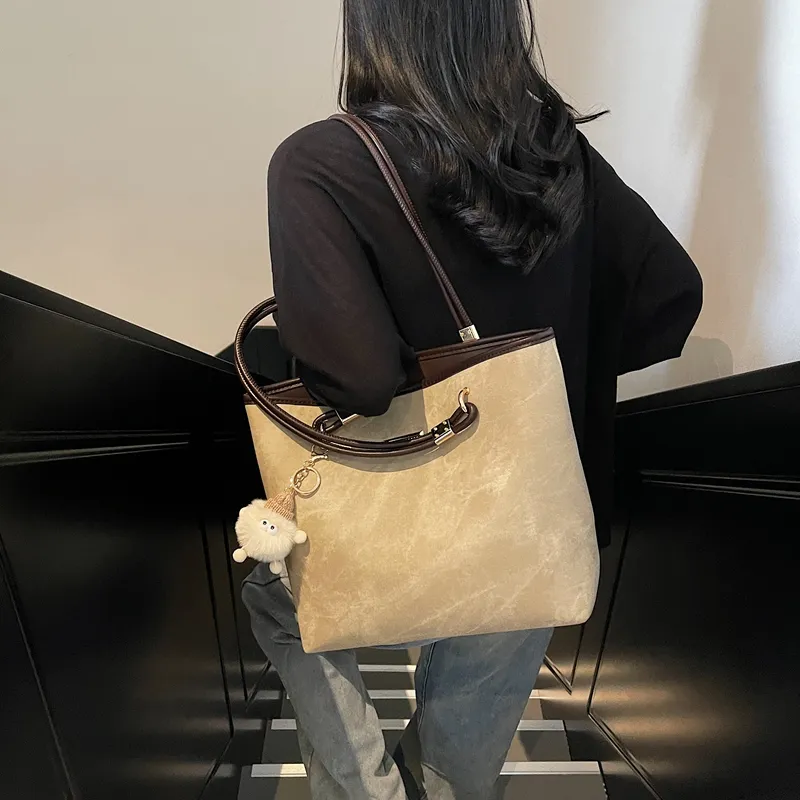 ROUNDOT PU Tote Bag Shopping Bag Shoulder Bags Women's Ecru/Black/Blue-3