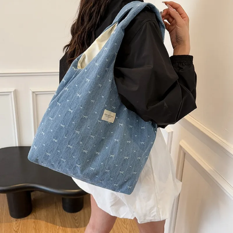ROUNDOT Fabric Tote Bag, Shoulder Bag Unisex Light Blue/Blue-8