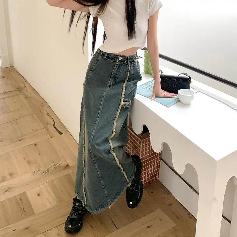 PAIN OR PLEASURE Denim Long Skirts Women's Blue-3