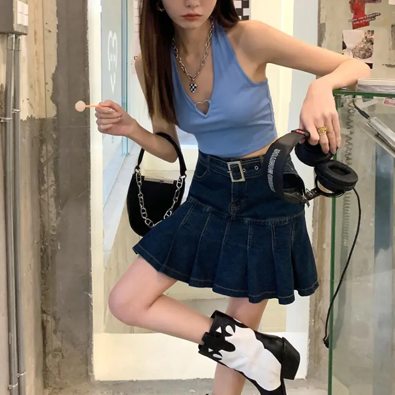 PAIN OR PLEASURE Denim Short Skirts Women's Blue-5