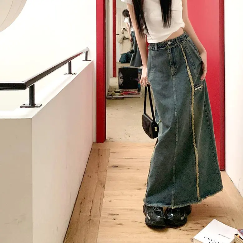 PAIN OR PLEASURE Denim Long Skirts Women's Blue-5