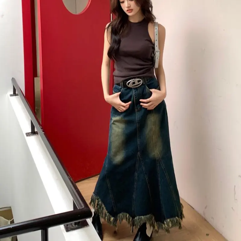 PAIN OR PLEASURE Denim Long Skirts Women's Blue-2