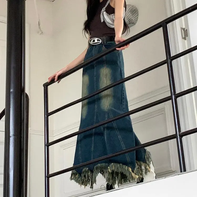 PAIN OR PLEASURE Denim Long Skirts Women's Blue-5