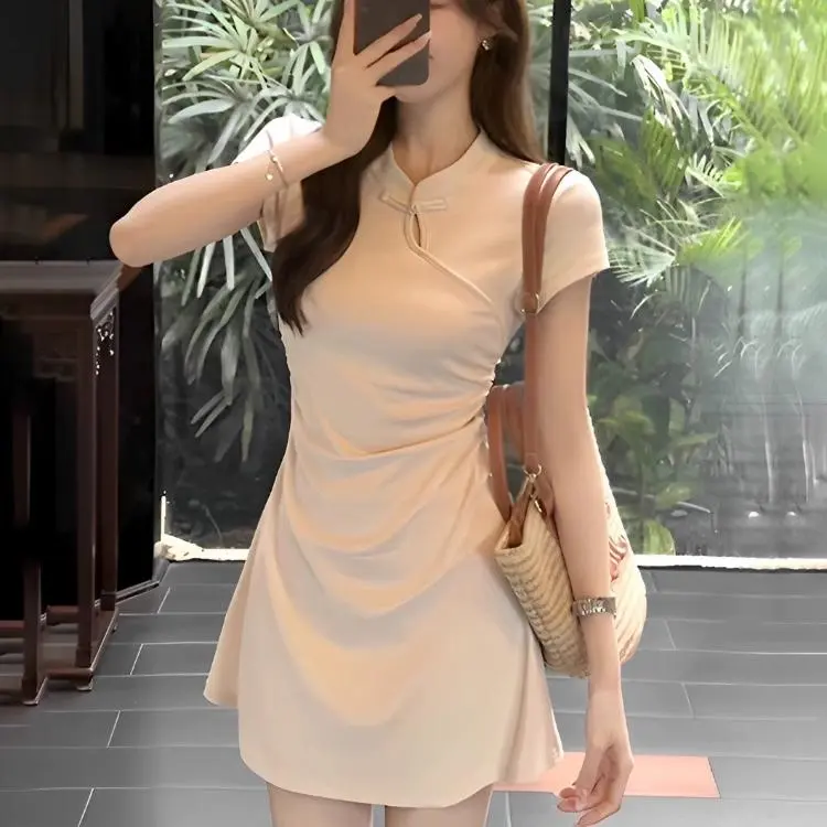 PAIN OR PLEASURE Short Sleeved Dresses Women's Beige Apricot-3