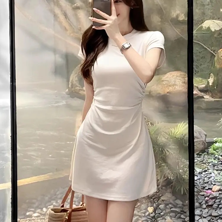 PAIN OR PLEASURE Short Sleeved Dresses Women's Beige Apricot-4