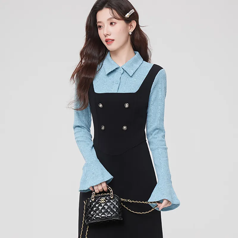 PAIN OR PLEASURE Long-Sleeved Dresses Women's Black Blue-2
