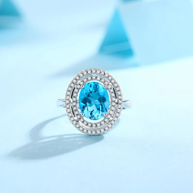 JINLIUFUJIXIANG S925 Silver Sparkling Inlaid Deep Blue Topaz Rings Women's-3