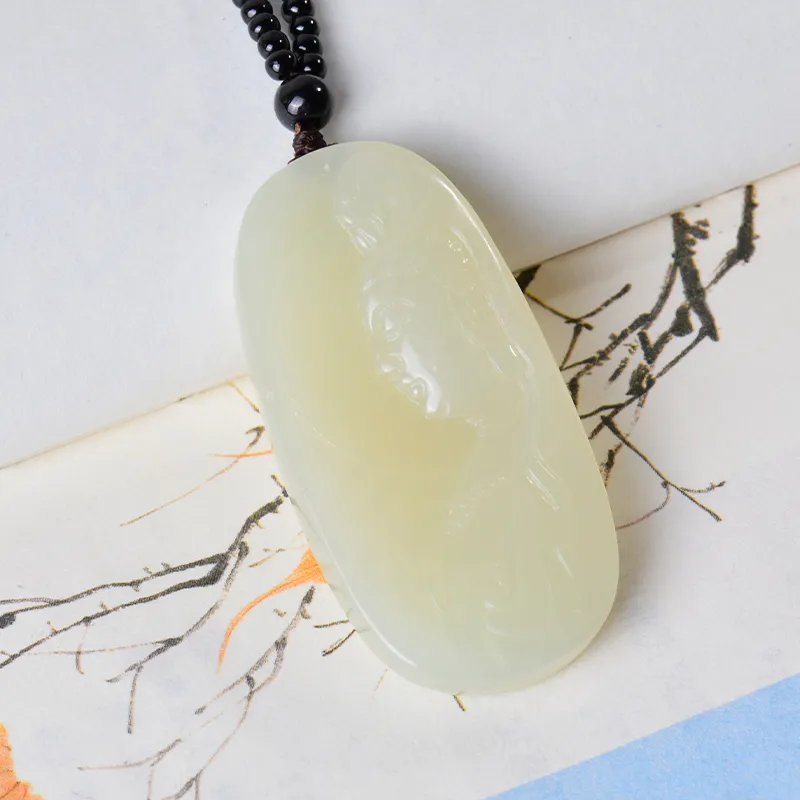 FENGFEIHUANG Hetian Jade Necklaces Pale Greenish White Jade Men's-4