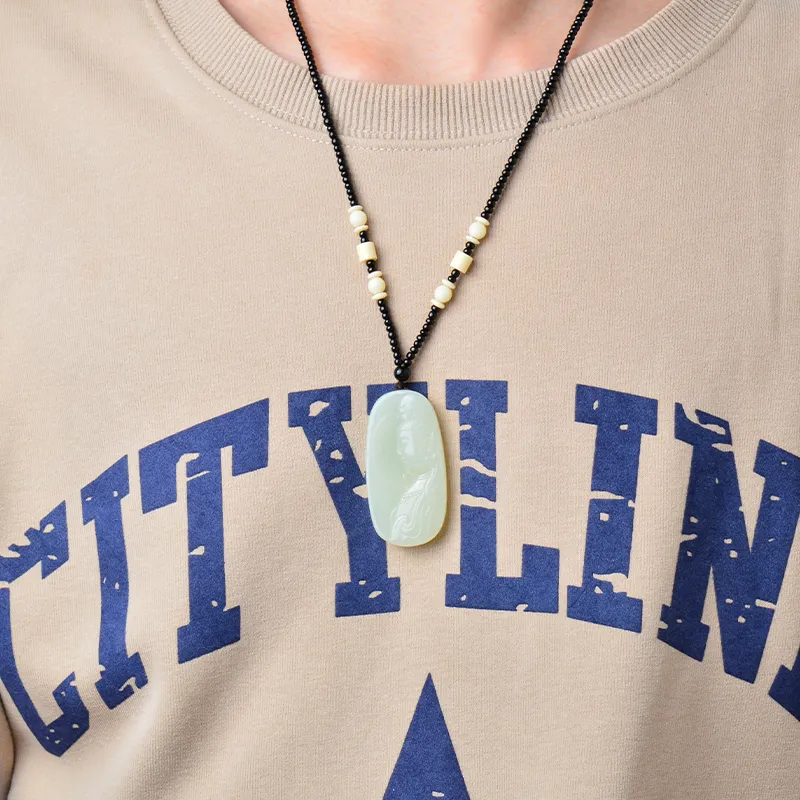 FENGFEIHUANG Hetian Jade Necklaces Pale Greenish White Jade Men's-5