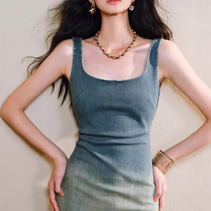 TUSHIFEI Sleeveless Dress Women's Vintage Blue-1