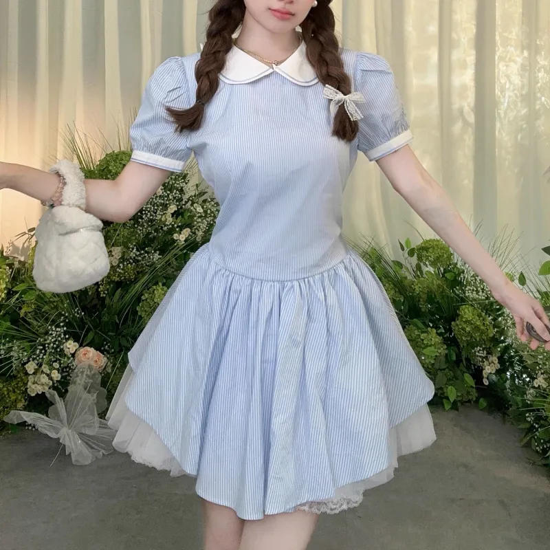 TUSHIFEI Short Sleeved Dress Women's Light Blue+Hair Tie Included-2