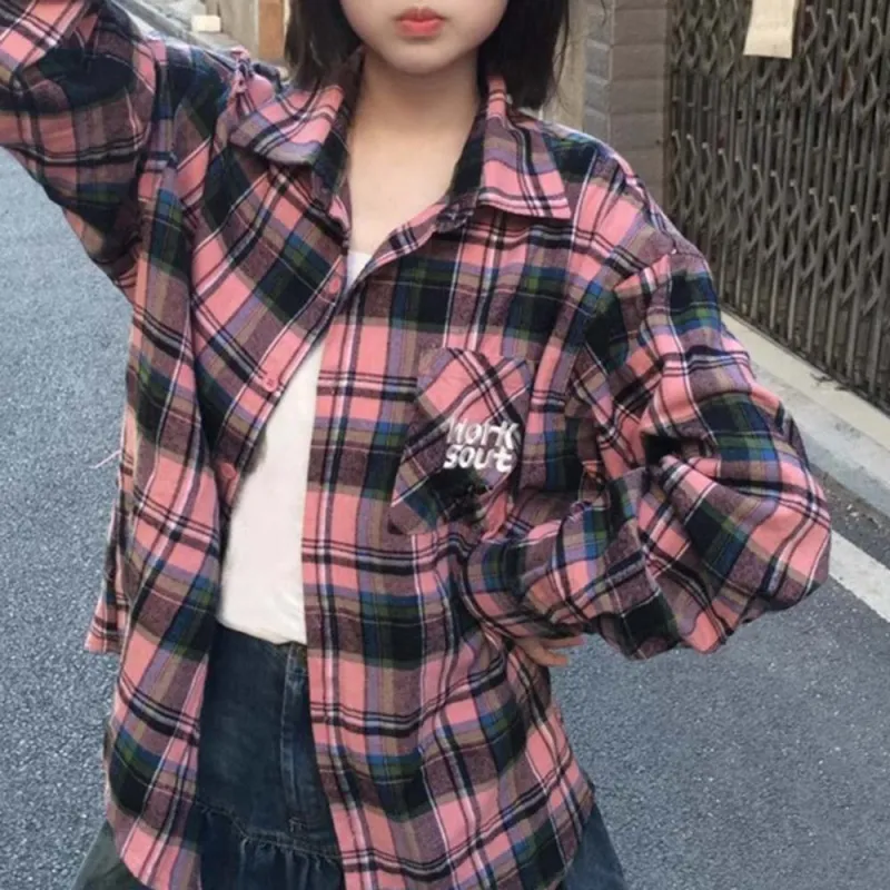 TUSHIFEI Shirt Women's Black Pink Plaid-4