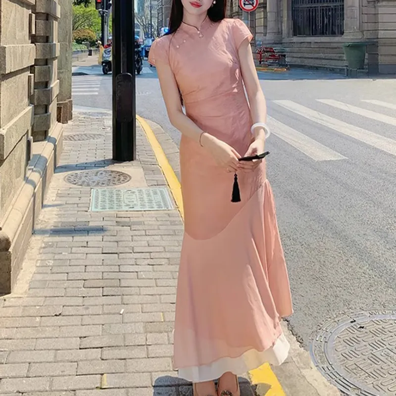 TUSHIFEI Short Sleeved Dress Women's Orange Pink-5