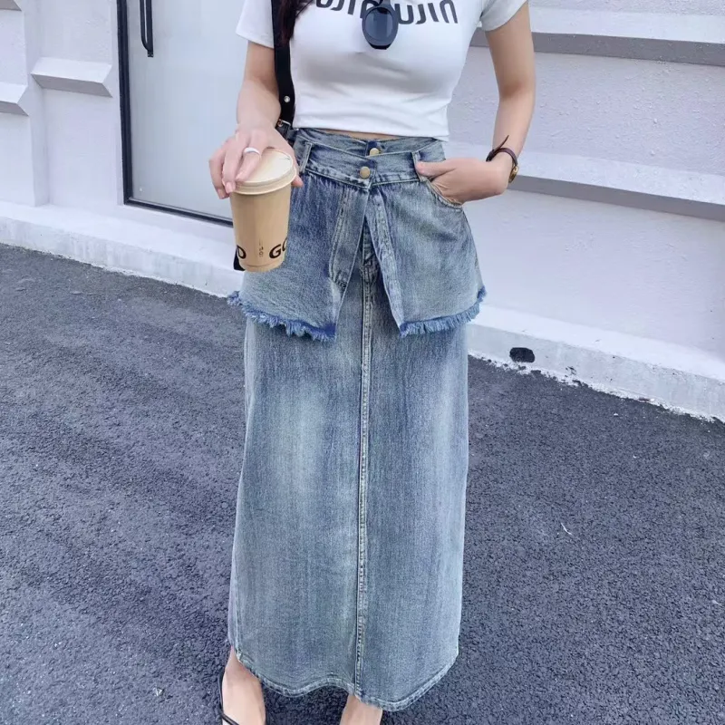 TUSHIFEI Denim Long Skirt Women's Image Color-2