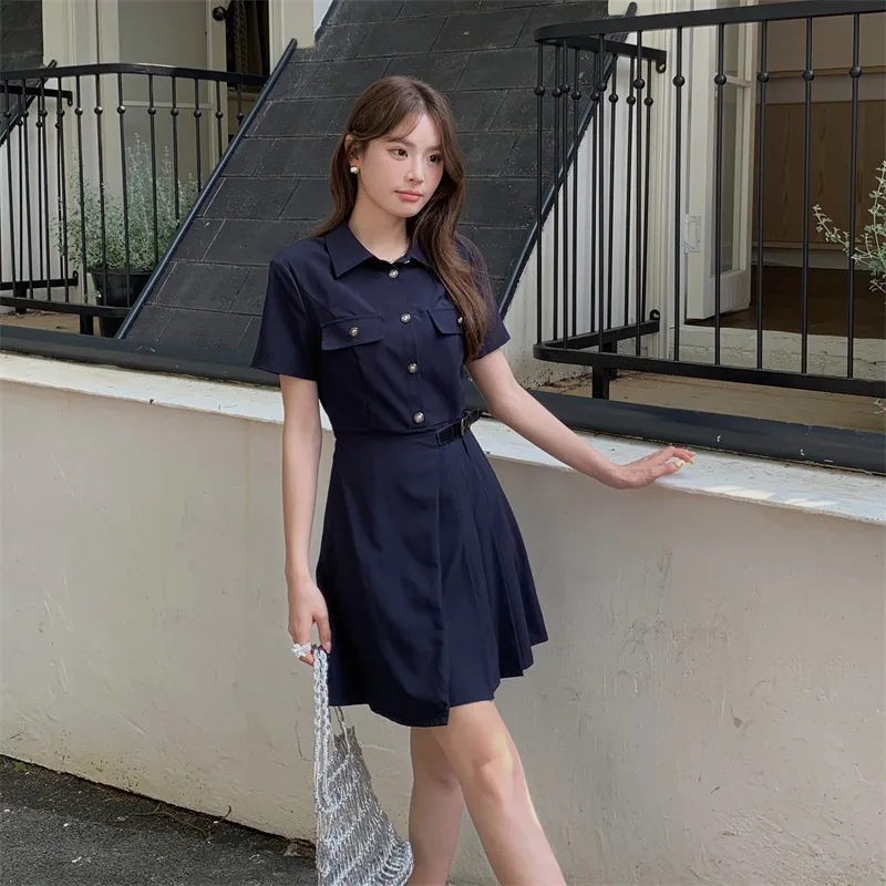 TUSHIFEI Short Sleeved Dress Women's Navy Blue+Hair Tie Included-4