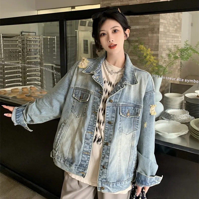 TUSHIFEI Denim Jacket Unisex Blue+Bowknot Hair Tie Comes With-2