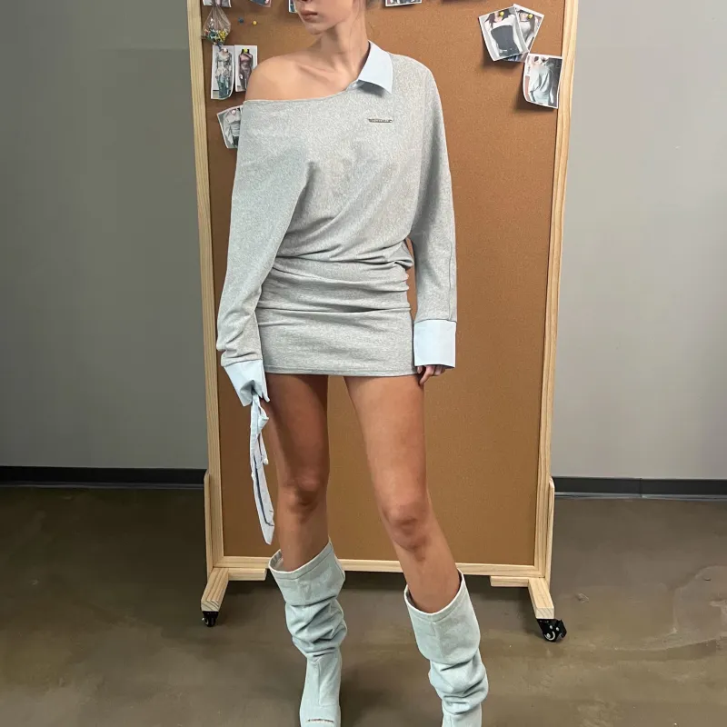 TUSHIFEI Long Sleeved Dress Women's Light Gray-5