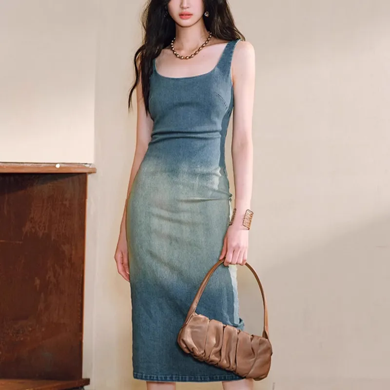 TUSHIFEI Sleeveless Dress Women's Vintage Blue-4