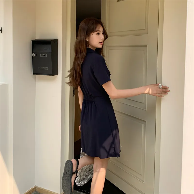 TUSHIFEI Short Sleeved Dress Women's Navy Blue+Hair Tie Included-5