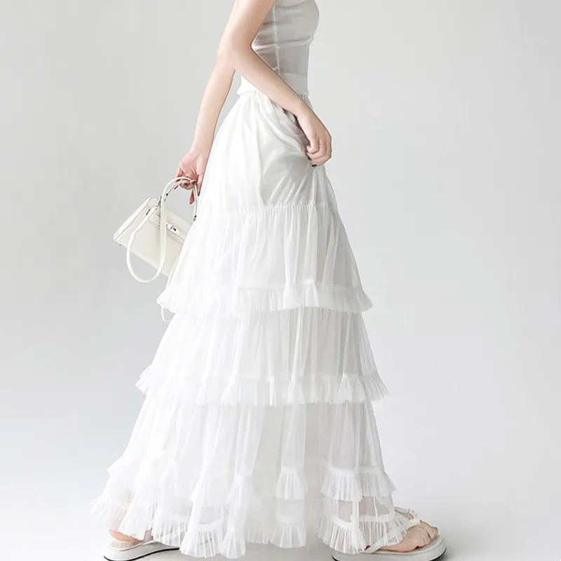 TUSHIFEI Casual Long Skirt Women's White+Hair Tie Comes With-4